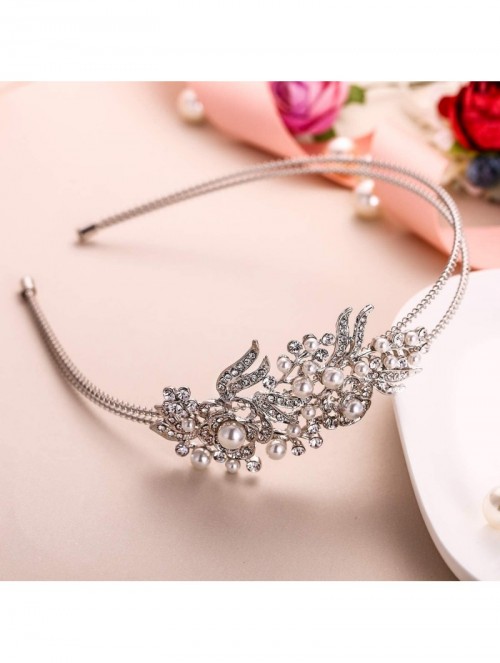 Headbands Austrian Crystal Cream Simulated Pearl Flower Leaf Hair Head Band Silver-Tone - Clear - CH11QR6GUDJ $22.16