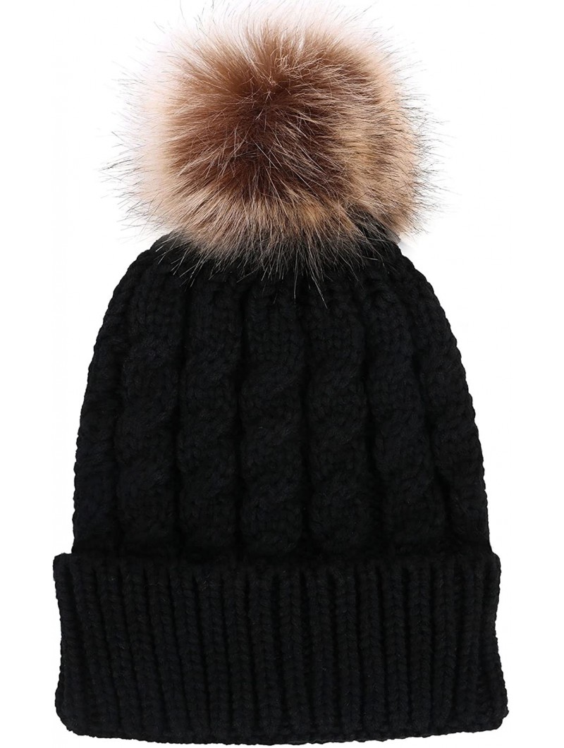 Skullies & Beanies Winter Hand Knit Beanie Hat with Faux Fur Pompom - Black - CW12MXRRMKQ $20.16