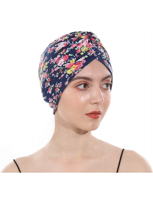 Skullies & Beanies Women's Cotton Turban Elastic Beanie Printing Sleep Bonnet Chemo Cap Hair Loss Hat - Navy Flower - CC18RO2...