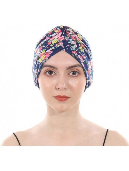 Skullies & Beanies Women's Cotton Turban Elastic Beanie Printing Sleep Bonnet Chemo Cap Hair Loss Hat - Navy Flower - CC18RO2...