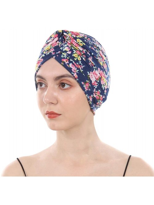 Skullies & Beanies Women's Cotton Turban Elastic Beanie Printing Sleep Bonnet Chemo Cap Hair Loss Hat - Navy Flower - CC18RO2...