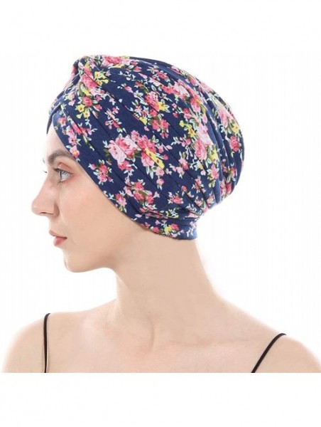 Skullies & Beanies Women's Cotton Turban Elastic Beanie Printing Sleep Bonnet Chemo Cap Hair Loss Hat - Navy Flower - CC18RO2...