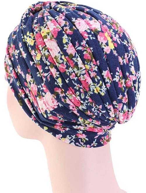 Skullies & Beanies Women's Cotton Turban Elastic Beanie Printing Sleep Bonnet Chemo Cap Hair Loss Hat - Navy Flower - CC18RO2...