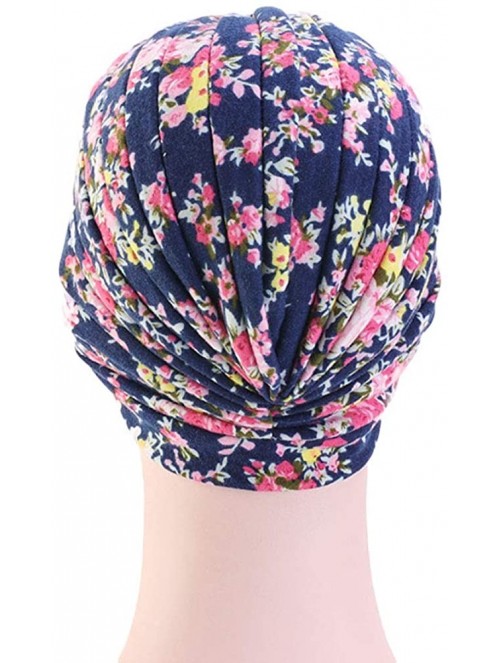 Skullies & Beanies Women's Cotton Turban Elastic Beanie Printing Sleep Bonnet Chemo Cap Hair Loss Hat - Navy Flower - CC18RO2...