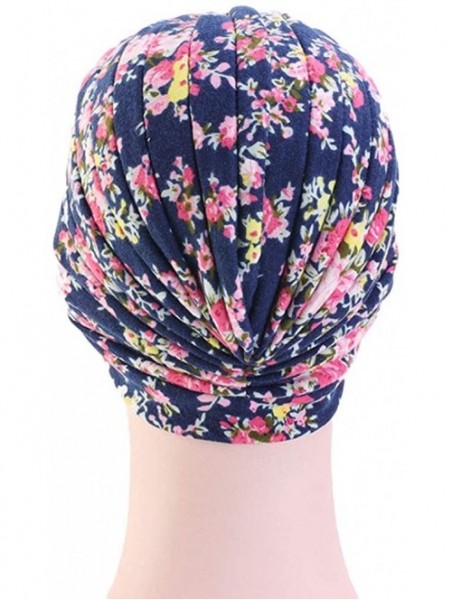 Skullies & Beanies Women's Cotton Turban Elastic Beanie Printing Sleep Bonnet Chemo Cap Hair Loss Hat - Navy Flower - CC18RO2...