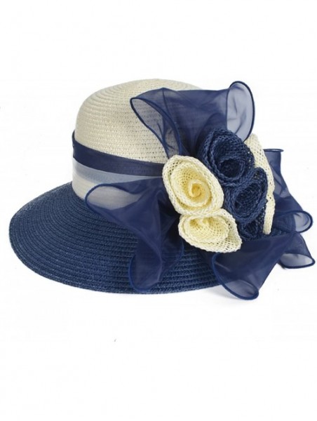 Bucket Hats Women's Straw Cloche Hat Ribbon Flower Bucket Bridal Church Derby Cap - Navy - CP18C4Y5W0G $33.98