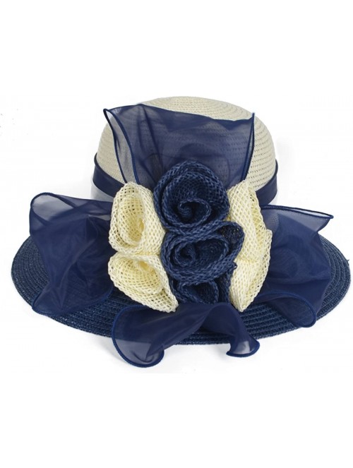 Bucket Hats Women's Straw Cloche Hat Ribbon Flower Bucket Bridal Church Derby Cap - Navy - CP18C4Y5W0G $33.98