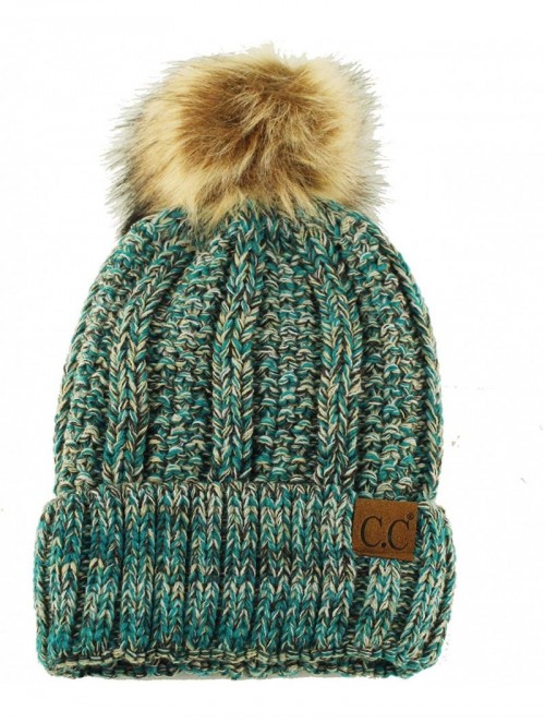 Skullies & Beanies Winter Sherpa Fleeced Lined Chunky Knit Stretch Pom Pom Beanie Hat Cap - Mix Sea - CJ18I6RQONK $18.22