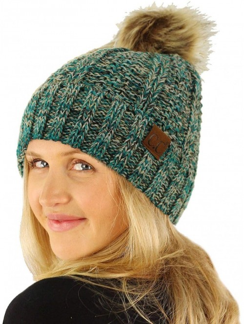 Skullies & Beanies Winter Sherpa Fleeced Lined Chunky Knit Stretch Pom Pom Beanie Hat Cap - Mix Sea - CJ18I6RQONK $18.22