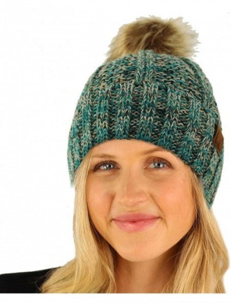 Skullies & Beanies Winter Sherpa Fleeced Lined Chunky Knit Stretch Pom Pom Beanie Hat Cap - Mix Sea - CJ18I6RQONK $18.22