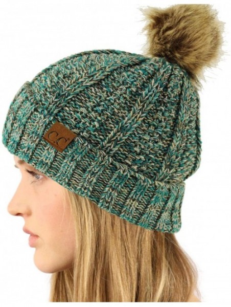 Skullies & Beanies Winter Sherpa Fleeced Lined Chunky Knit Stretch Pom Pom Beanie Hat Cap - Mix Sea - CJ18I6RQONK $18.22