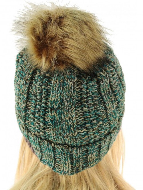 Skullies & Beanies Winter Sherpa Fleeced Lined Chunky Knit Stretch Pom Pom Beanie Hat Cap - Mix Sea - CJ18I6RQONK $18.22