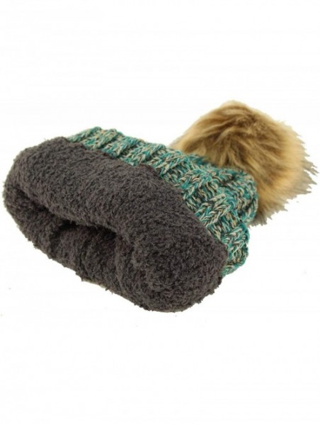 Skullies & Beanies Winter Sherpa Fleeced Lined Chunky Knit Stretch Pom Pom Beanie Hat Cap - Mix Sea - CJ18I6RQONK $18.22