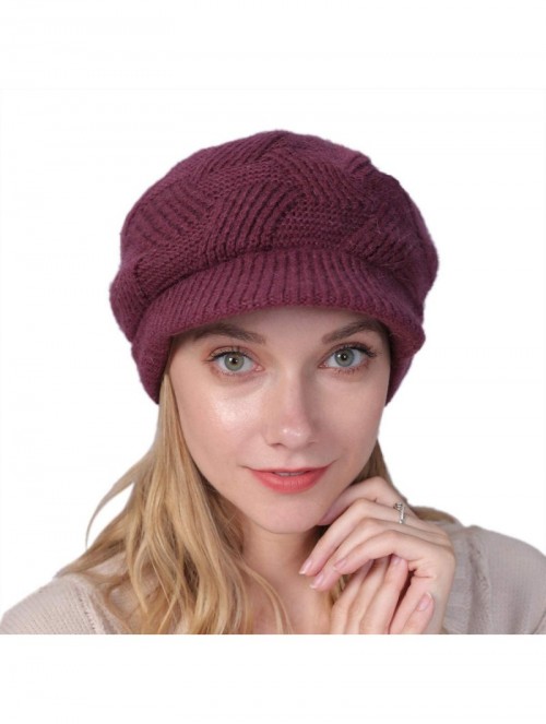 Newsboy Caps Women Warm Caps Beret Newsboy Winter Cap Snow Ski Outdoor Twist Knitted Hat with Visor - B-crimson - CH18Z5ORI6Q...