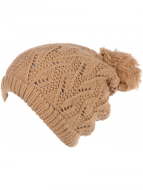 Skullies & Beanies Winter Big Pom Pom Beanie Hat Wool Blend Fleece Lined Color Block 2 Styles - Camel Pom - CW18XYLAE9M $17.88