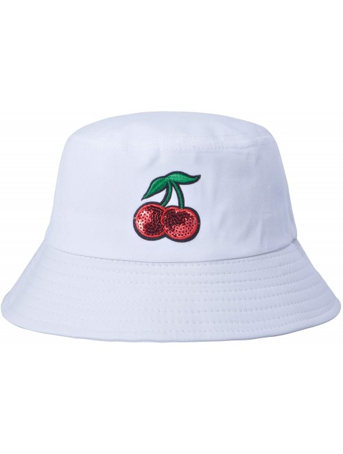 Bucket Hats Unisex Fashion Embroidered Bucket Hat Summer Fisherman Cap for Men Women - Cherry White - C218WD0C9YA $19.43