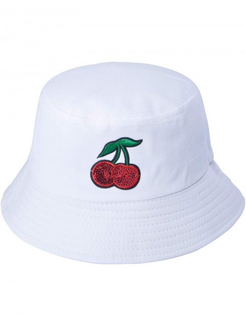 Bucket Hats Unisex Fashion Embroidered Bucket Hat Summer Fisherman Cap for Men Women - Cherry White - C218WD0C9YA $19.43