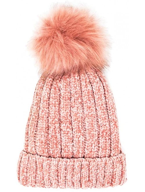 Skullies & Beanies Warm Fleece Lined Cable Knitted Faux Fur Pompom Beanie Hat - Soft Chunky Beanies for Women (Chenille-Pink)...