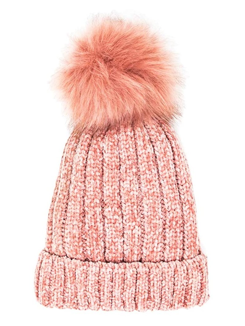 Skullies & Beanies Warm Fleece Lined Cable Knitted Faux Fur Pompom Beanie Hat - Soft Chunky Beanies for Women (Chenille-Pink)...