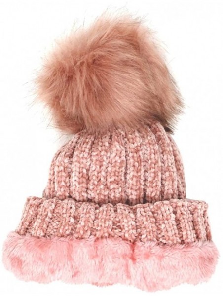 Skullies & Beanies Warm Fleece Lined Cable Knitted Faux Fur Pompom Beanie Hat - Soft Chunky Beanies for Women (Chenille-Pink)...