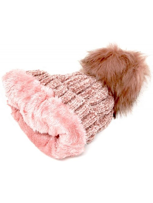 Skullies & Beanies Warm Fleece Lined Cable Knitted Faux Fur Pompom Beanie Hat - Soft Chunky Beanies for Women (Chenille-Pink)...