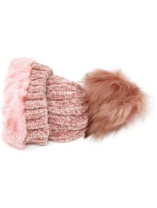 Skullies & Beanies Warm Fleece Lined Cable Knitted Faux Fur Pompom Beanie Hat - Soft Chunky Beanies for Women (Chenille-Pink)...