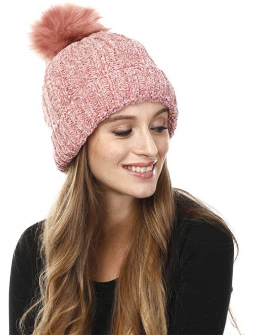 Skullies & Beanies Warm Fleece Lined Cable Knitted Faux Fur Pompom Beanie Hat - Soft Chunky Beanies for Women (Chenille-Pink)...