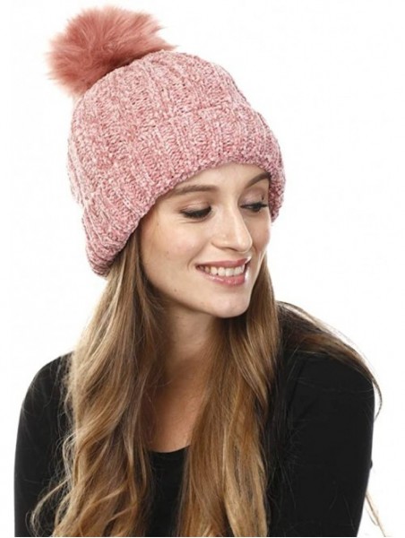 Skullies & Beanies Warm Fleece Lined Cable Knitted Faux Fur Pompom Beanie Hat - Soft Chunky Beanies for Women (Chenille-Pink)...