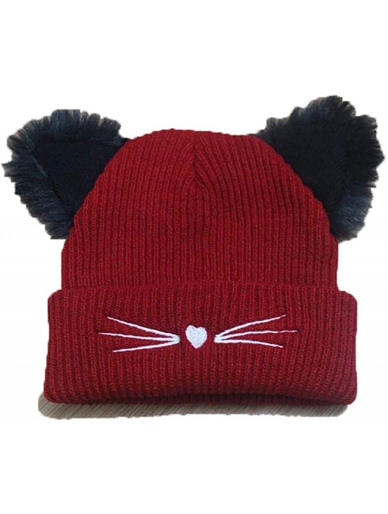 Skullies & Beanies Women Double Cat Ears Winter Casual Warm Cute Knitted Beanie Hats Hats & Caps - Wine Red - CK18Z0ZDQEK $18.84