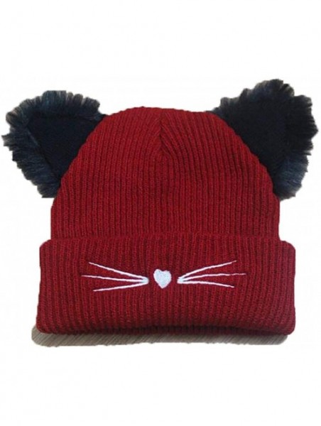 Skullies & Beanies Women Double Cat Ears Winter Casual Warm Cute Knitted Beanie Hats Hats & Caps - Wine Red - CK18Z0ZDQEK $18.84