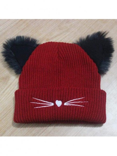 Skullies & Beanies Women Double Cat Ears Winter Casual Warm Cute Knitted Beanie Hats Hats & Caps - Wine Red - CK18Z0ZDQEK $18.84