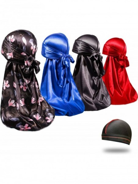 Skullies & Beanies 4PCS Silky Durags for Men 360 Waves- Designer Do Rag- Award 1 Wave Cap - Snack Flower Blue Black Red - CF1...