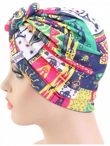 Skullies & Beanies Women Pleated Twist Turban African Printing India Chemo Cap Hairwrap Headwear - Geometric White - CY18A4NK...