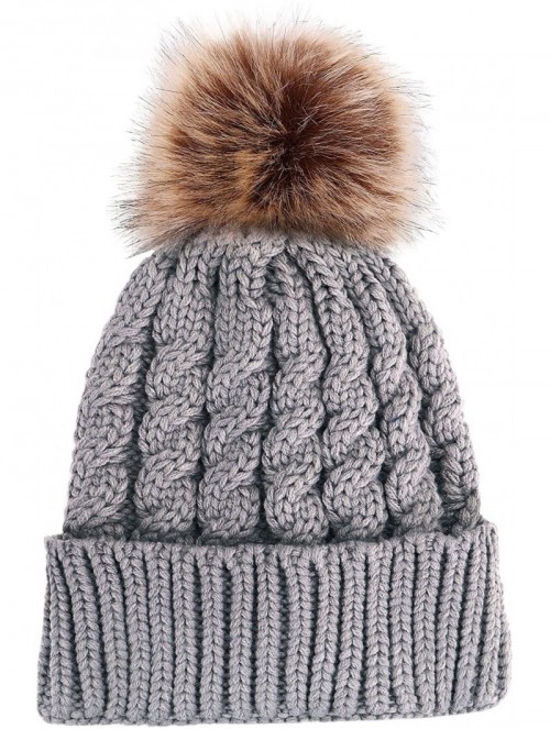 Skullies & Beanies Women's Winter Soft Knit Beanie Hat with Faux Fur Pom Pom - No Fleece Lined_grey - C512NBYCLH9 $18.33