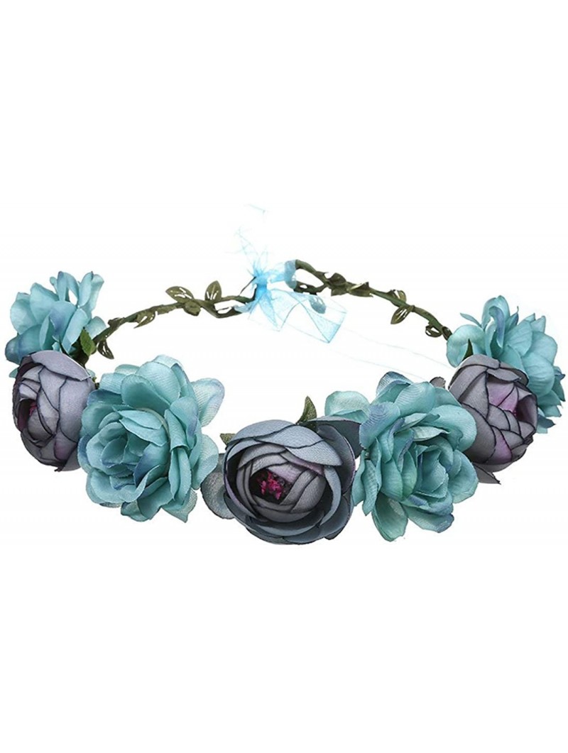 Headbands Women Rose Floral Crown Hair Wreath Leave Flower Headband with Adjustable Ribbon - Blue - CQ18H60UYG4 $10.36