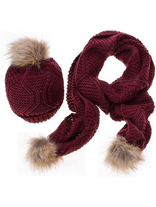 Skullies & Beanies Fashion Women's Warm Crochet Knitted Beanie Hat and Scarf Set with Fur Poms - 4 Burgundy - C818M3EHZGN $22.98