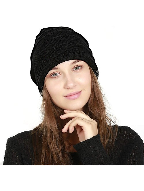 Skullies & Beanies Winter Knit Hat- Slouchy Winter Women Girl Warm Chunky Thin Cable Knit Hat Beanie Skull Cap - Black - CT19...