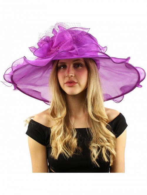 Sun Hats Dramatic Big Flower Netting Derby Floppy Organza Wide Brim 7" Dress Hat - Purple - C112CQXYNR1 $57.88