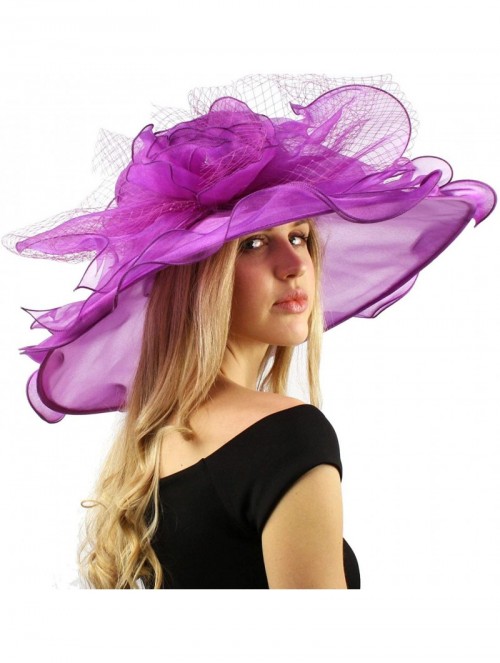 Sun Hats Dramatic Big Flower Netting Derby Floppy Organza Wide Brim 7" Dress Hat - Purple - C112CQXYNR1 $57.88