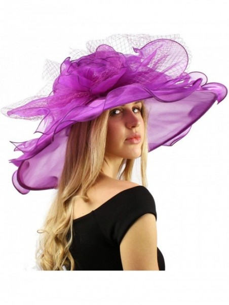 Sun Hats Dramatic Big Flower Netting Derby Floppy Organza Wide Brim 7" Dress Hat - Purple - C112CQXYNR1 $57.88