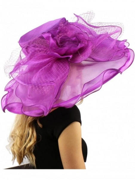 Sun Hats Dramatic Big Flower Netting Derby Floppy Organza Wide Brim 7" Dress Hat - Purple - C112CQXYNR1 $57.88