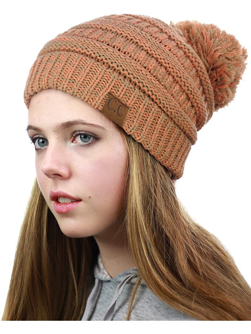 Skullies & Beanies Unisex Multicolor Warm Cable Knit Slouch Pom Pom Beanie Cap - Taupe/Burnt Orange - CB12JSWFEU3 $15.54