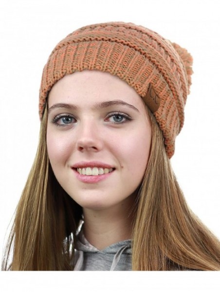 Skullies & Beanies Unisex Multicolor Warm Cable Knit Slouch Pom Pom Beanie Cap - Taupe/Burnt Orange - CB12JSWFEU3 $15.54