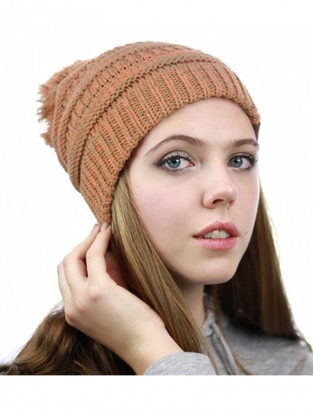 Skullies & Beanies Unisex Multicolor Warm Cable Knit Slouch Pom Pom Beanie Cap - Taupe/Burnt Orange - CB12JSWFEU3 $15.54