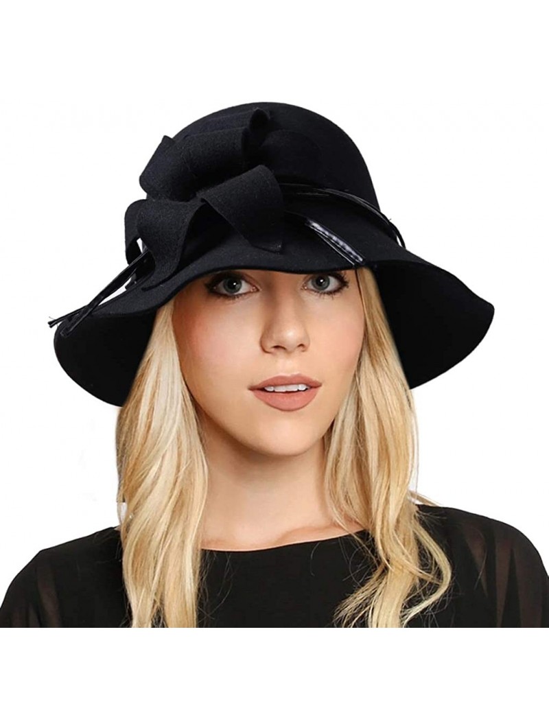 Sun Hats Vintage Wool Felt Cloche Bucket Hats for Women Winter Floppy Dress Church Hats - Black - CX18KRUS4Y0 $20.86