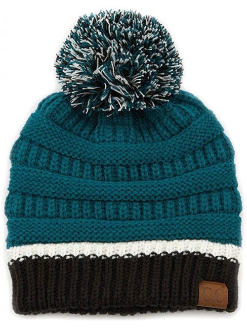 Skullies & Beanies Exclusive University College School Team Color Pom Pom Skully Beanie Hat Cap - 1429-green/Black - CX18ZSZN...