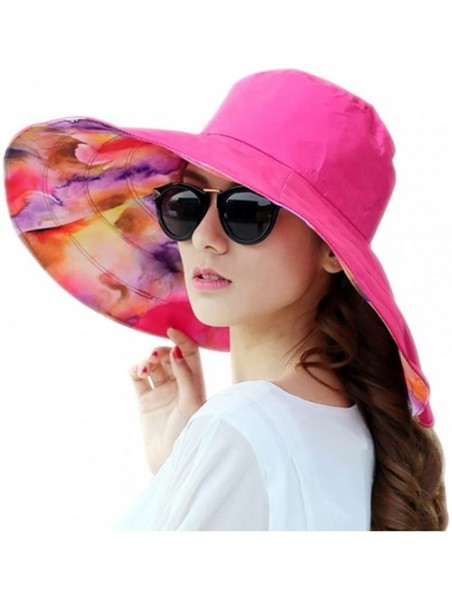 Sun Hats Women Sun Hat Summer Reversible UPF 50+ Beach Bucket Wide Brim Anti-UV Visor Cap - Rose Red - CB18D98XSKN $14.38