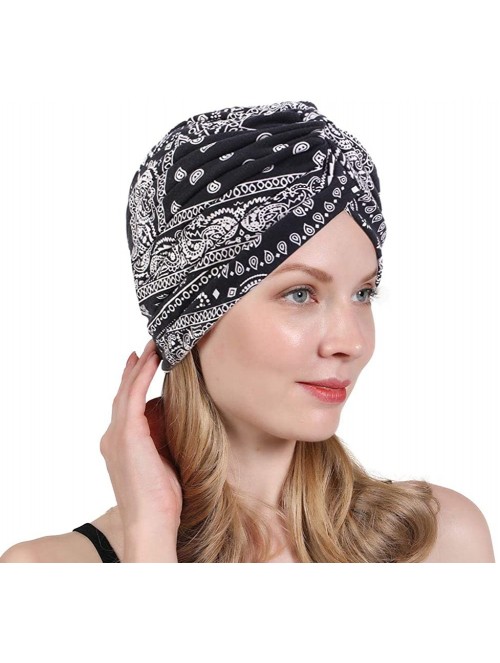 Skullies & Beanies New Women's Cotton Turban Flower Prints Beanie Head Wrap Chemo Cap Hair Loss Hat Sleep Cap - Black01 - CN1...
