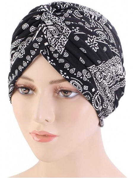 Skullies & Beanies New Women's Cotton Turban Flower Prints Beanie Head Wrap Chemo Cap Hair Loss Hat Sleep Cap - Black01 - CN1...