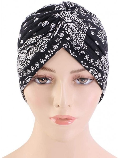 Skullies & Beanies New Women's Cotton Turban Flower Prints Beanie Head Wrap Chemo Cap Hair Loss Hat Sleep Cap - Black01 - CN1...